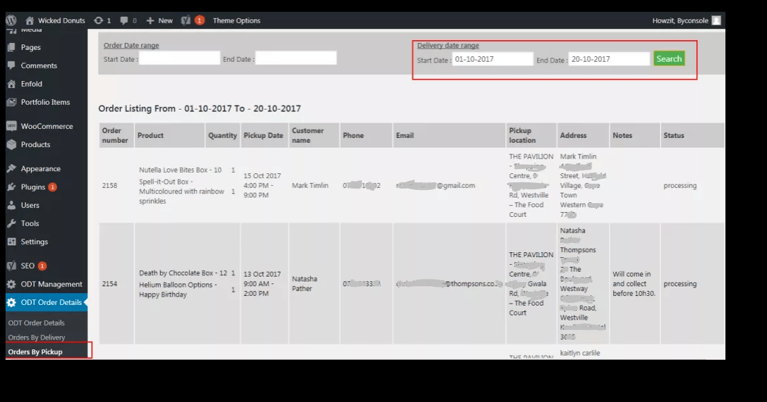 Delivery schedule for certain date range