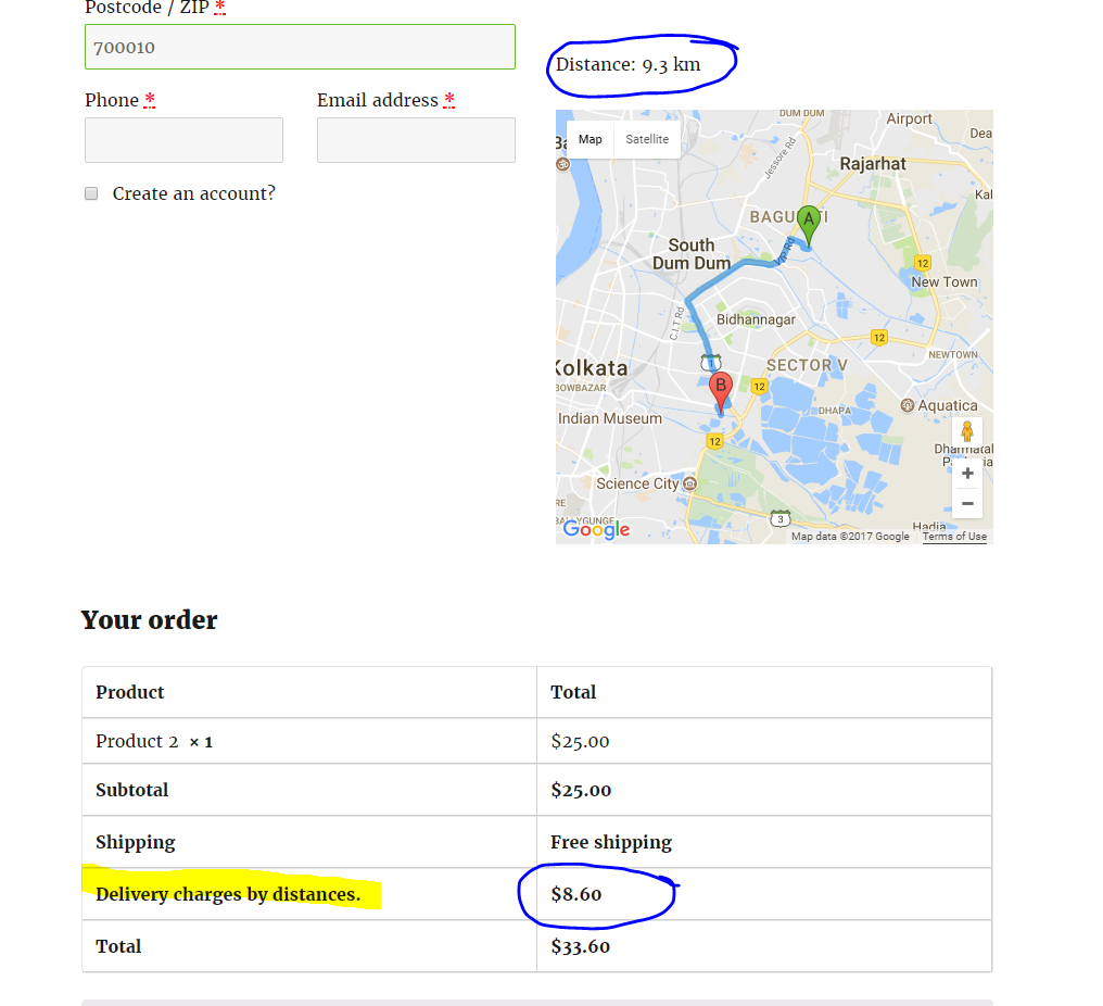Delivery charges added by distance and free area calculation