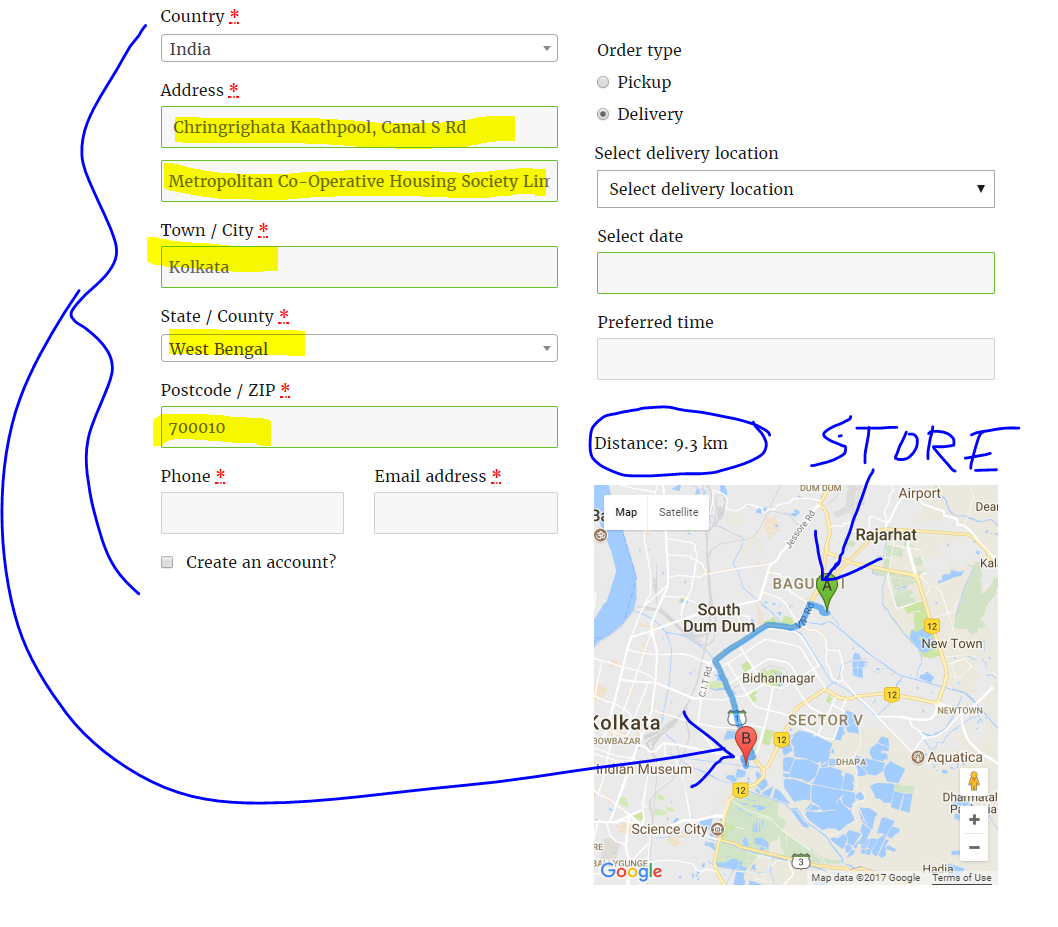 Show the distance to travel on checkout page with Google Map