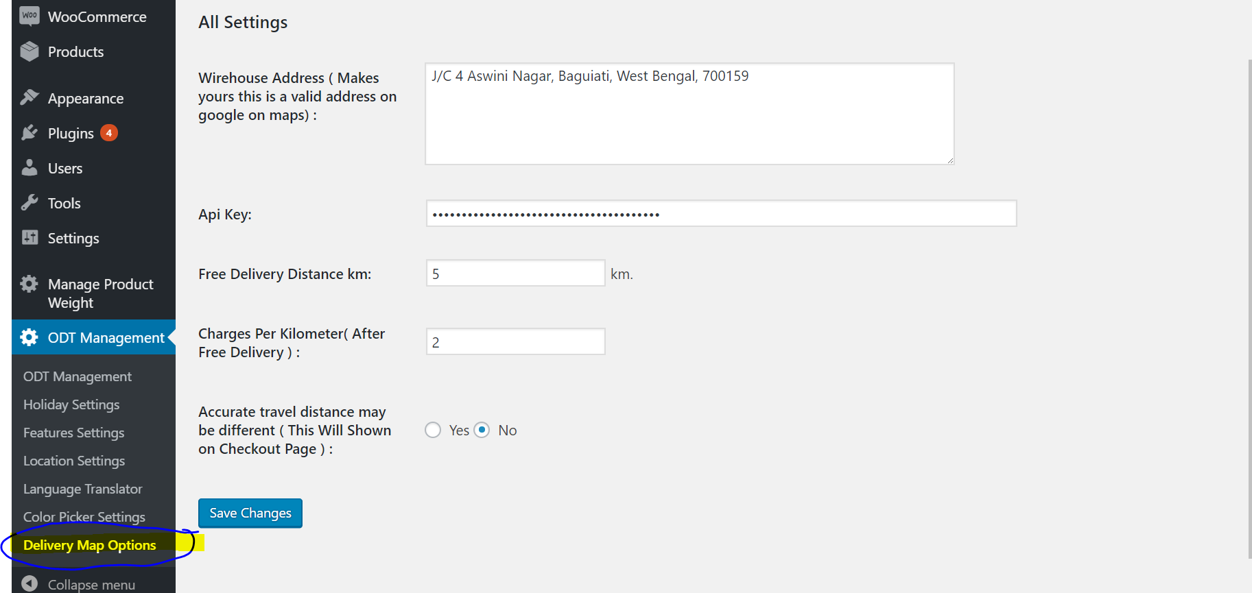 shipping charge by distance settings page - WooODT Extended Map Addon