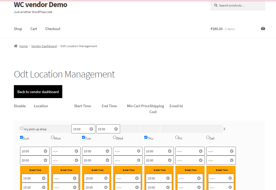 Vendor specific pickup/delivery service day location & time settings on WC Vendor Pro dashboard