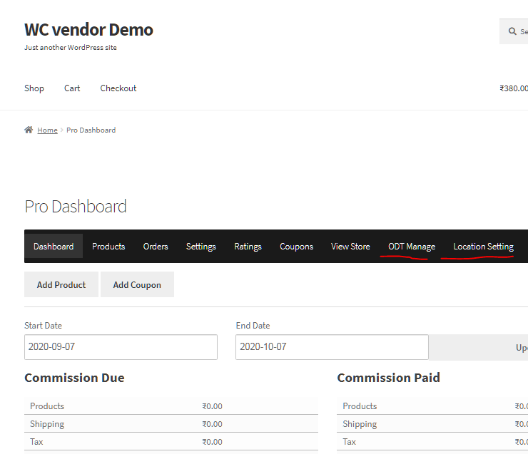 WC Vendor Pro dashboard with WooODT Menu