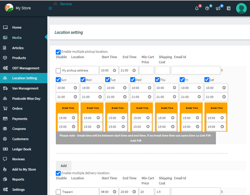 WooODT for WCFM - vendor specific delivery pickup day, time, location settings