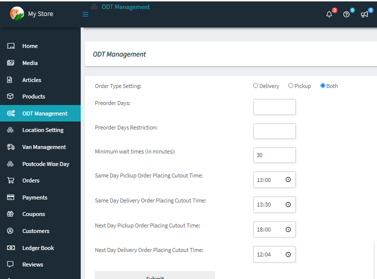 WooODT for WCFM - vendor specific delivery pickup service, cutoff time, preorder days settings