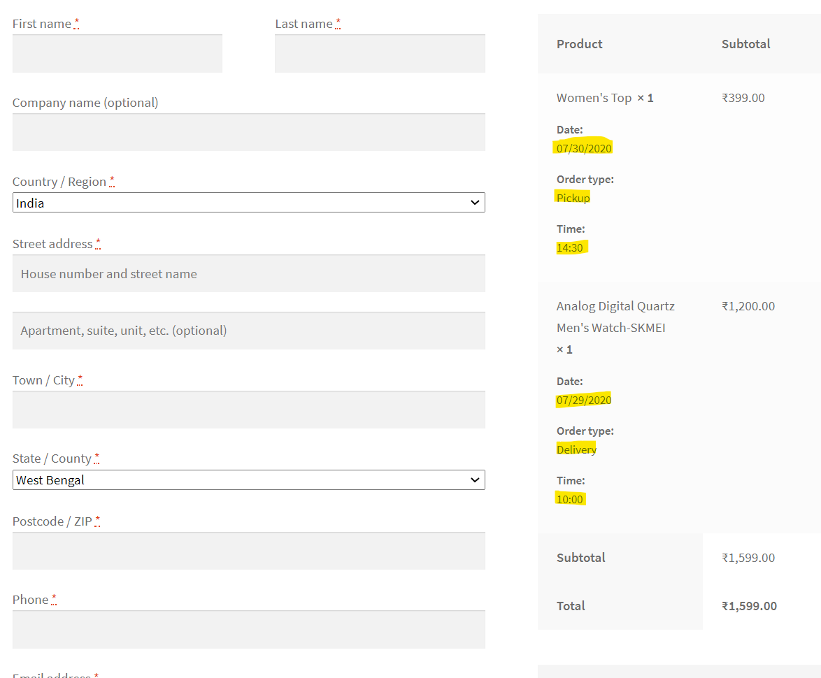 Product Time Table For WooCommerce - Checkout page