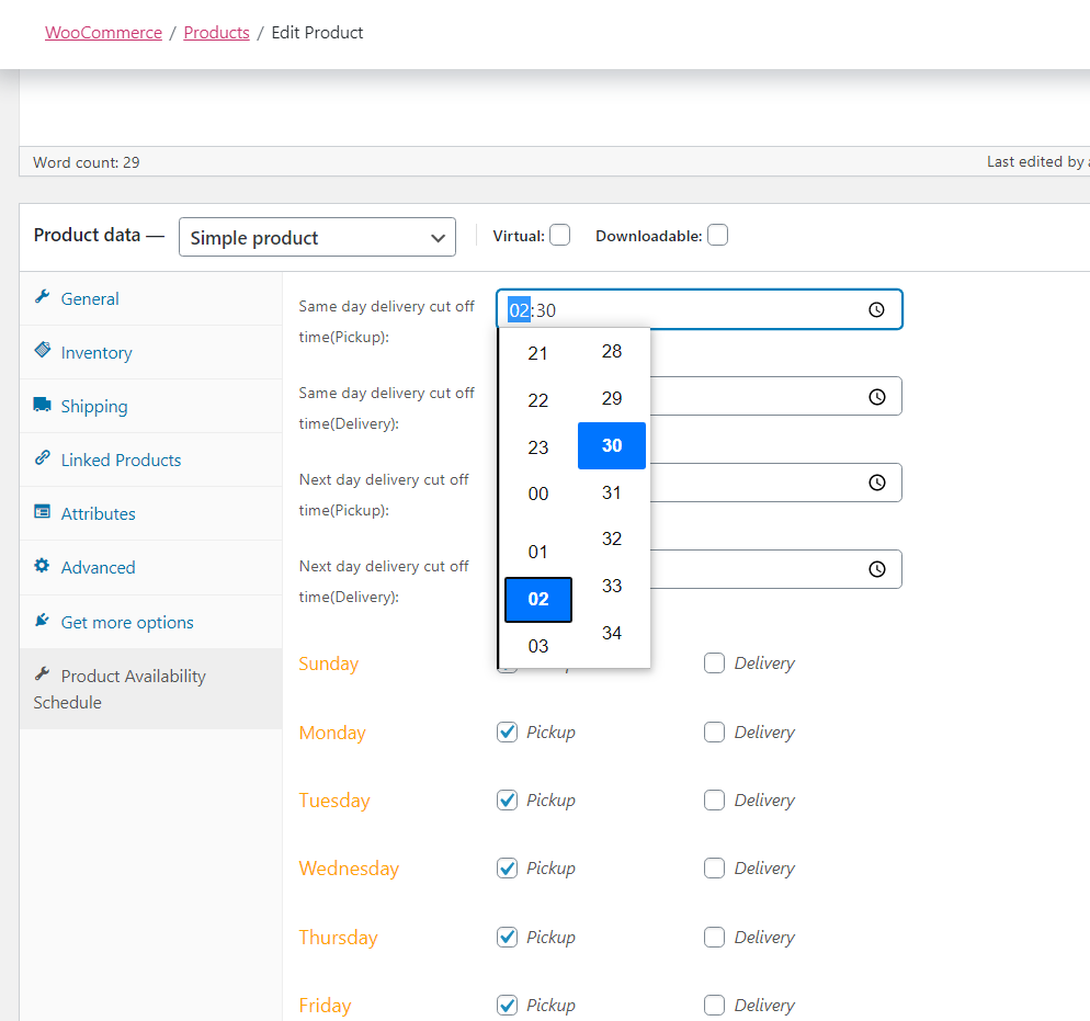 Product Time Table for WooCommerce - Setup each individual product as pickup only or delivery only and availability days