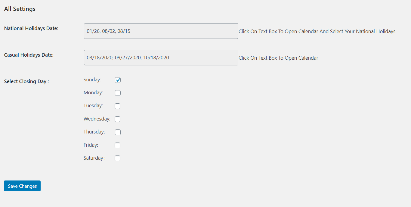 Product Time Table for WooCommerce - Holiday setup