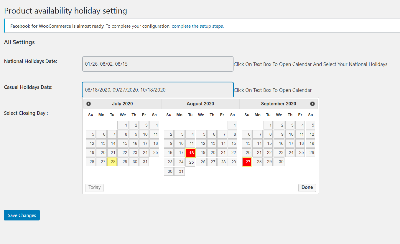 Product Time Table for WooCommerce - holiday calendar setup