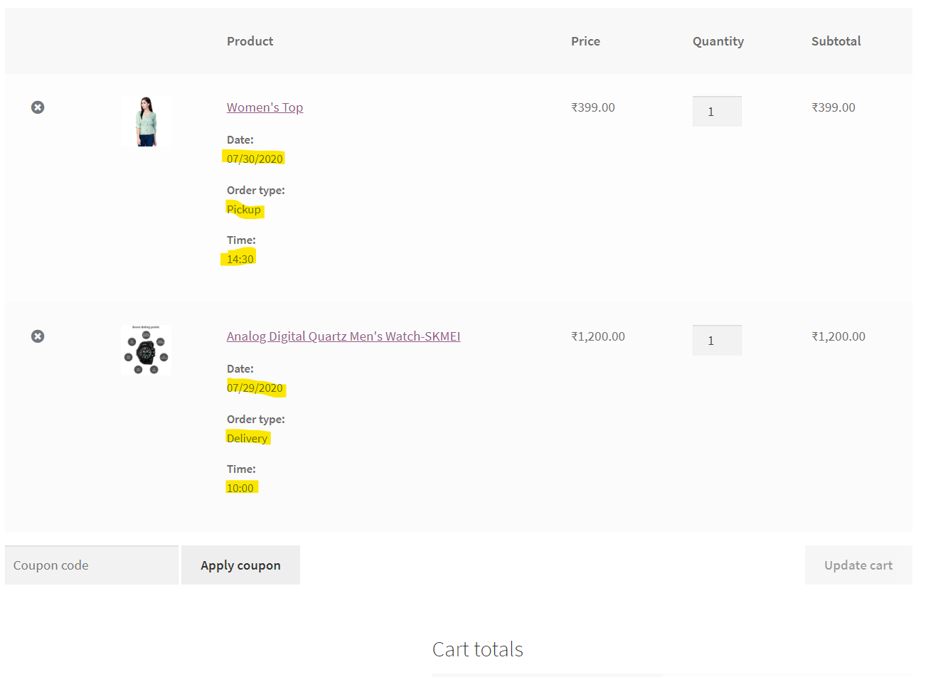 Product Time Table For WooCommerce - Cart page