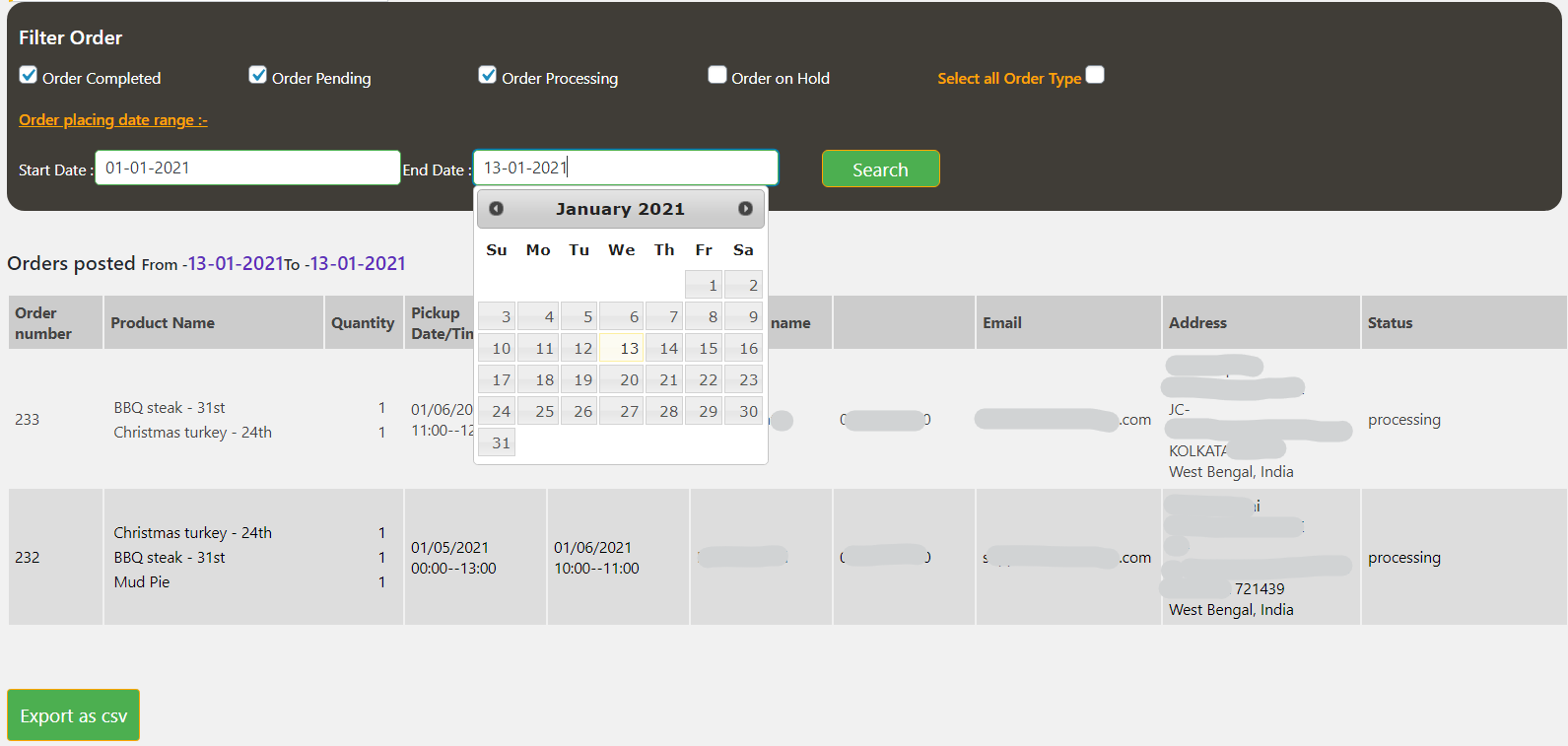 Order search within any date range along with laundry pickup and delivery date